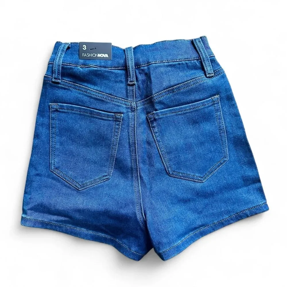 Fashion Nova High Waisted Denim Shorts Dark Wash Stretch Size 3/26 NWT